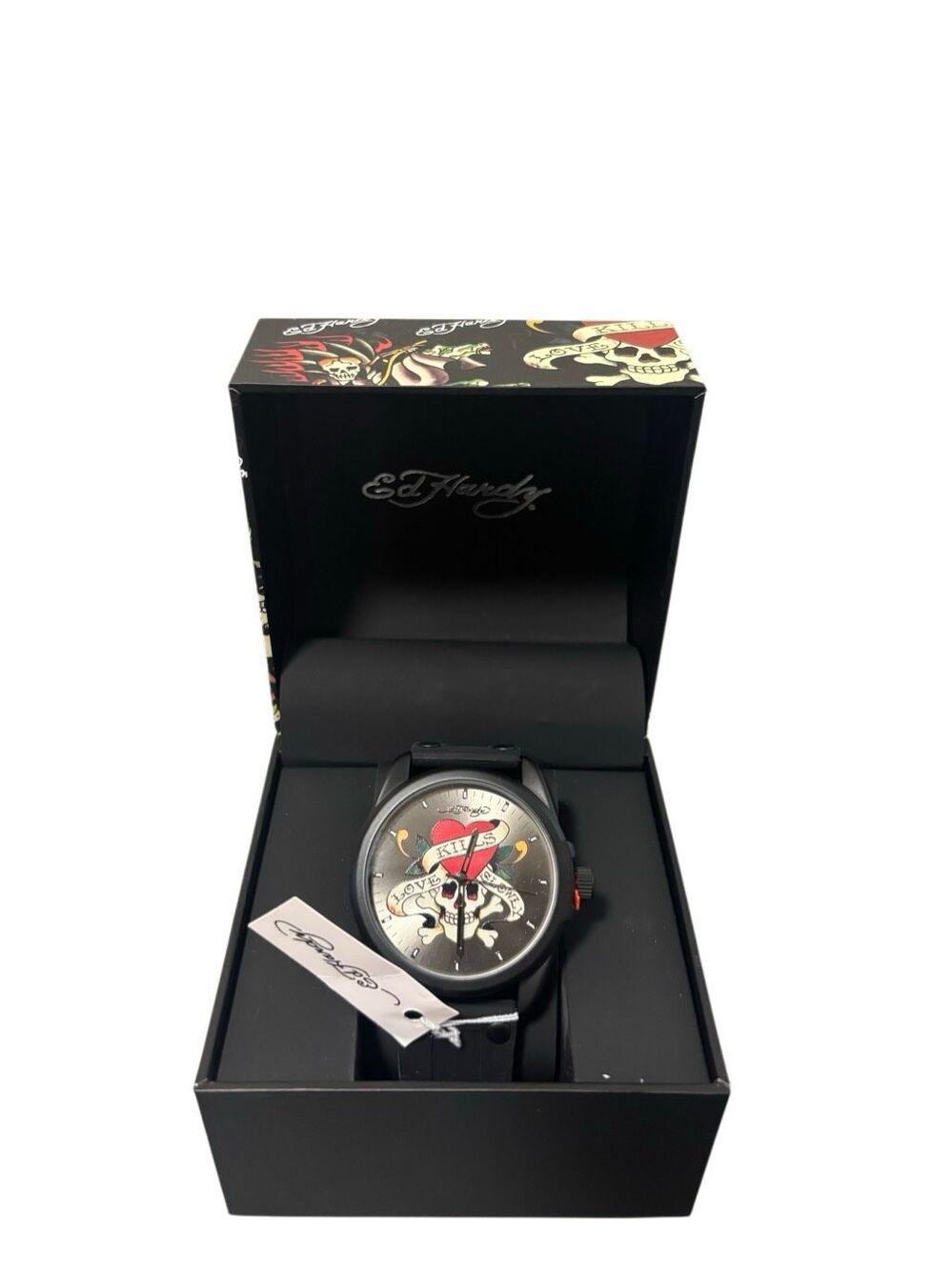 NIB ED HARDY Black Skull “LOVE KILLS SLOWLY” Red Silicone Band Streetwear Watch